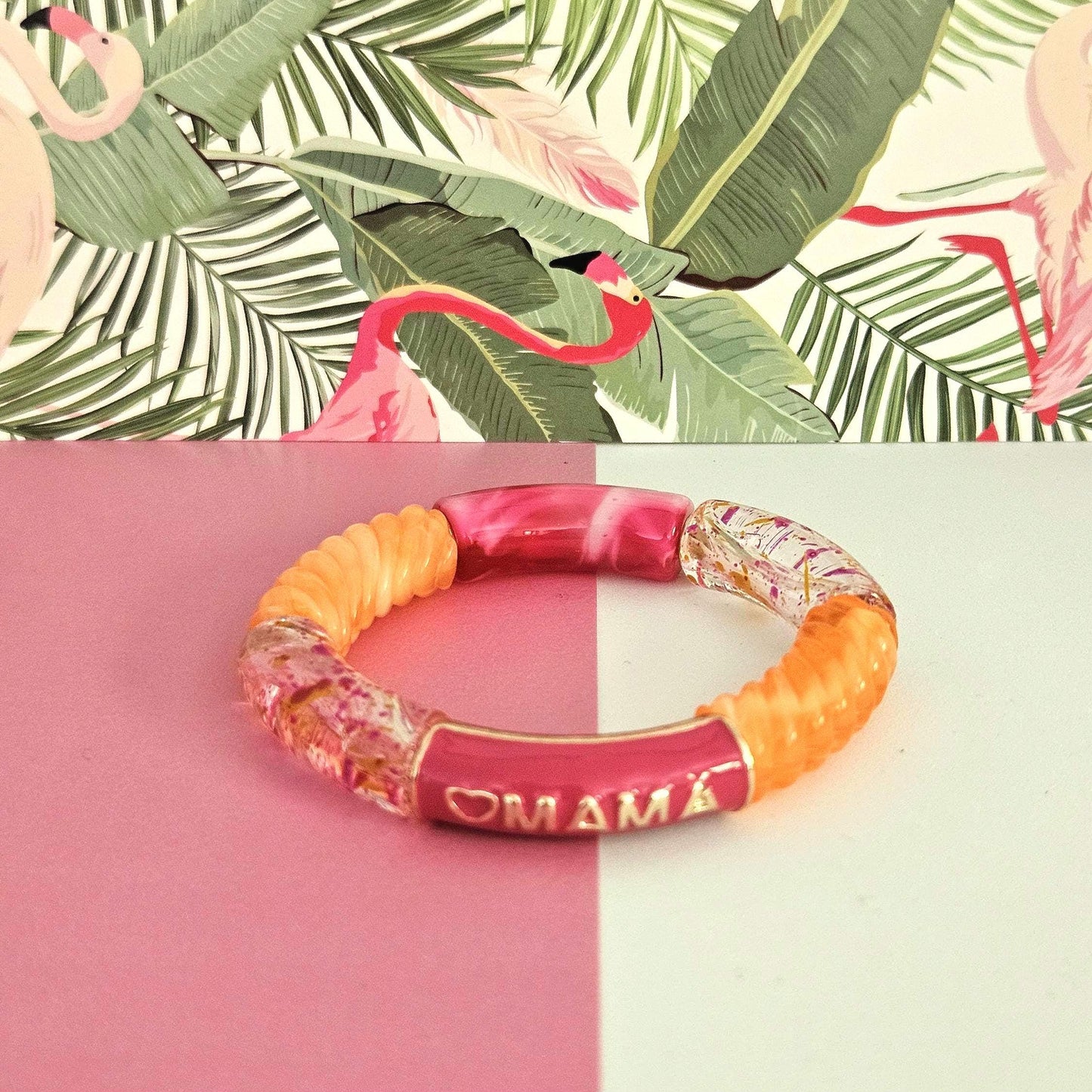 ANNA MAMA | Jonc acrylique perles tubes incurvées Rose blanc et orange