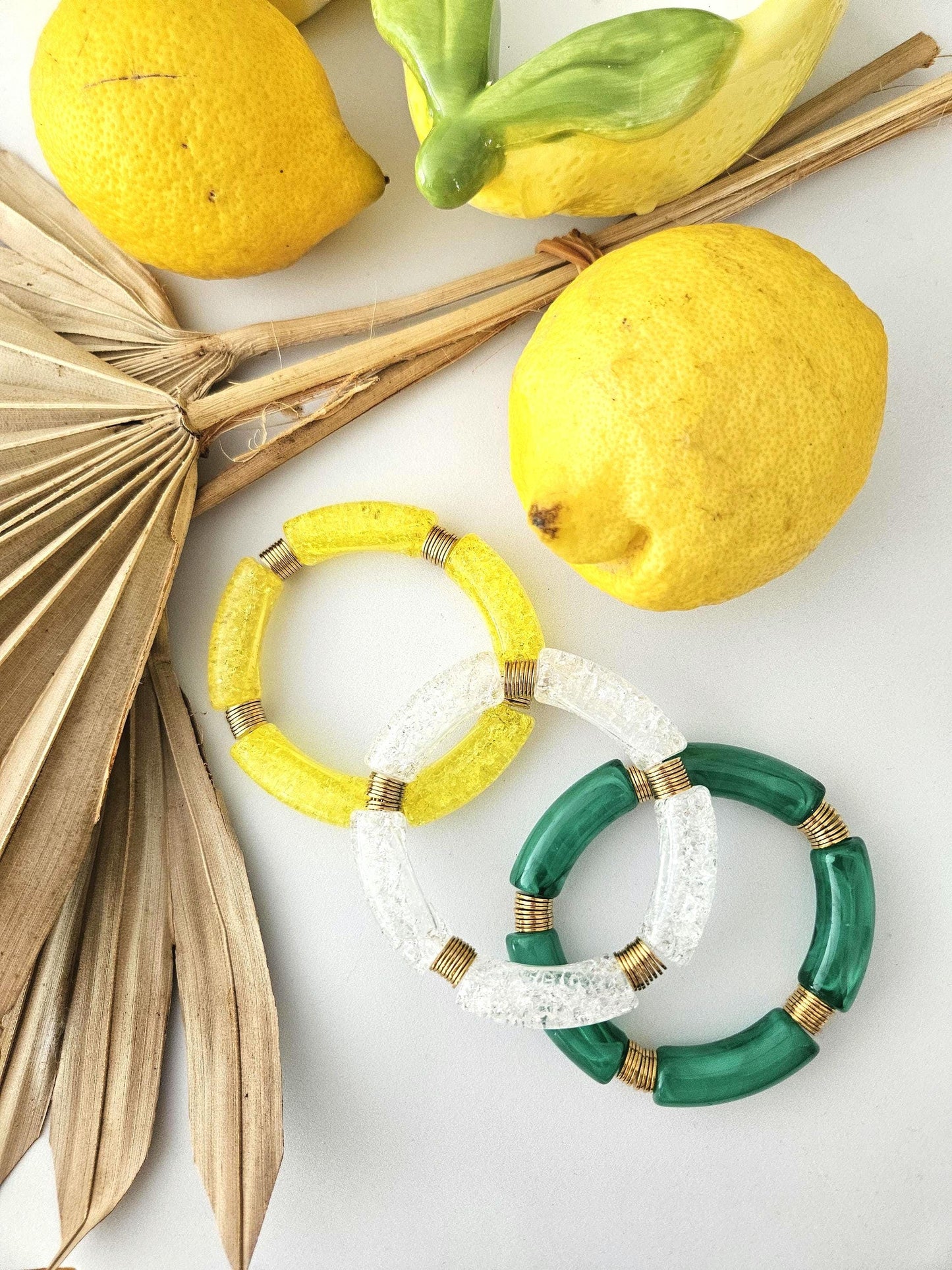 IRMA | Jonc acrylique perles tubes incurvées & acier citron