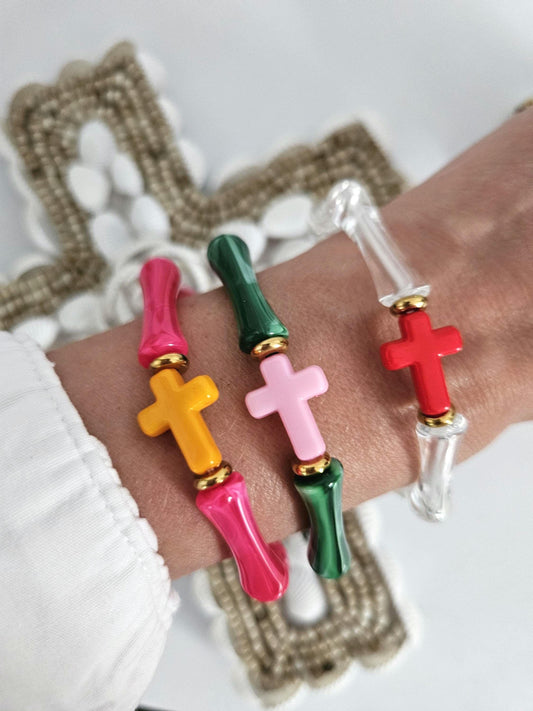 ALMA croix | Bracelet jonc perles tubes octogonales acrylique et laiton | Multicolore