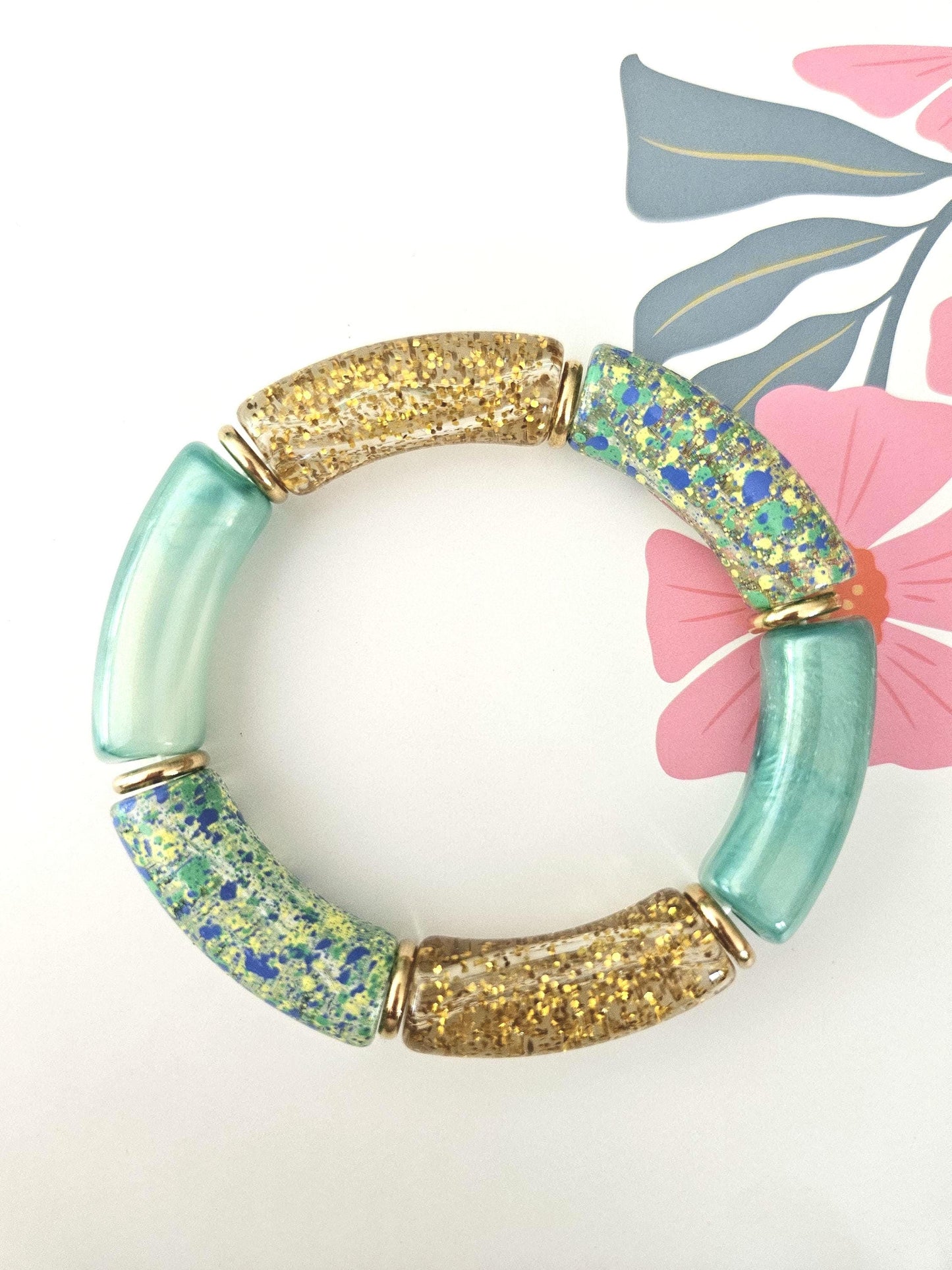 ANNA | Bracelet jonc perles incurvées | Maxi Vert Rose moucheté
