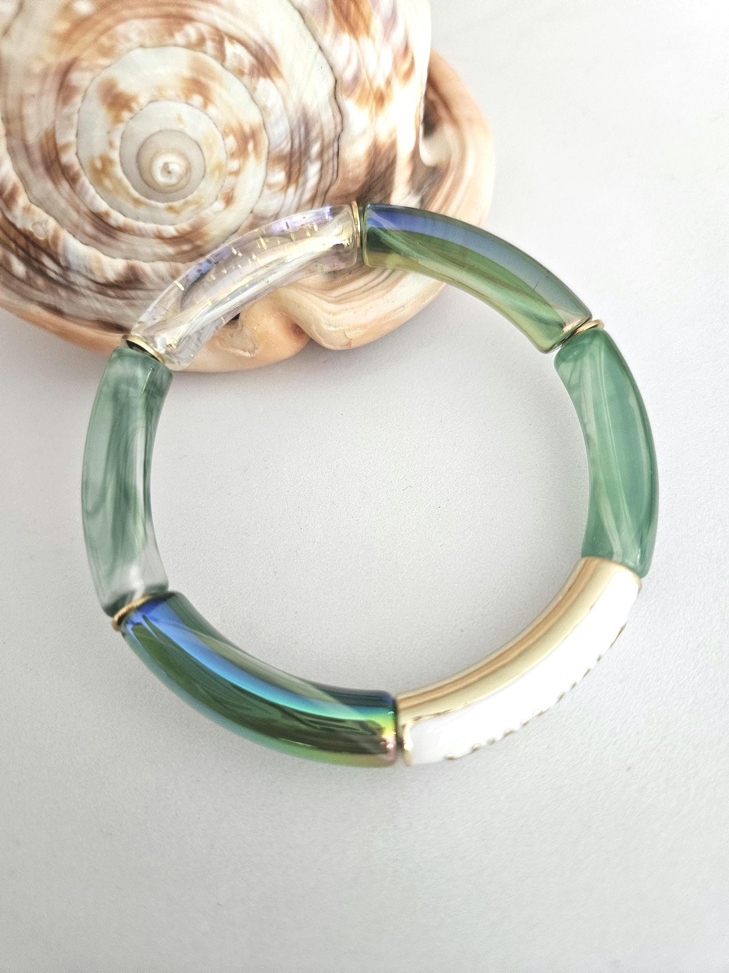 ANNA MAMA | Jonc acrylique perles tubes incurvées bleu / vert