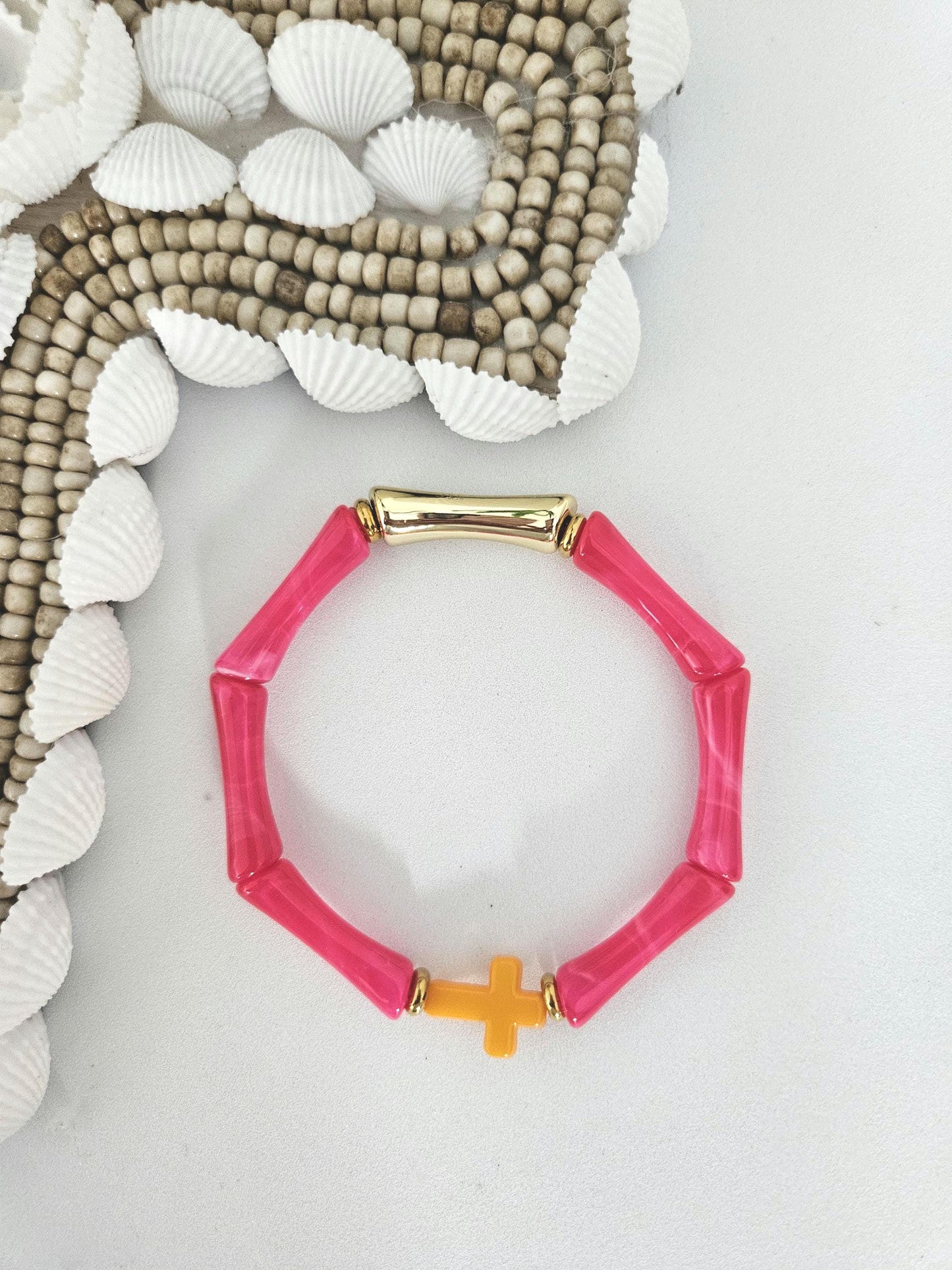 ALMA croix | Bracelet jonc perles tubes octogonales acrylique et laiton | Multicolore