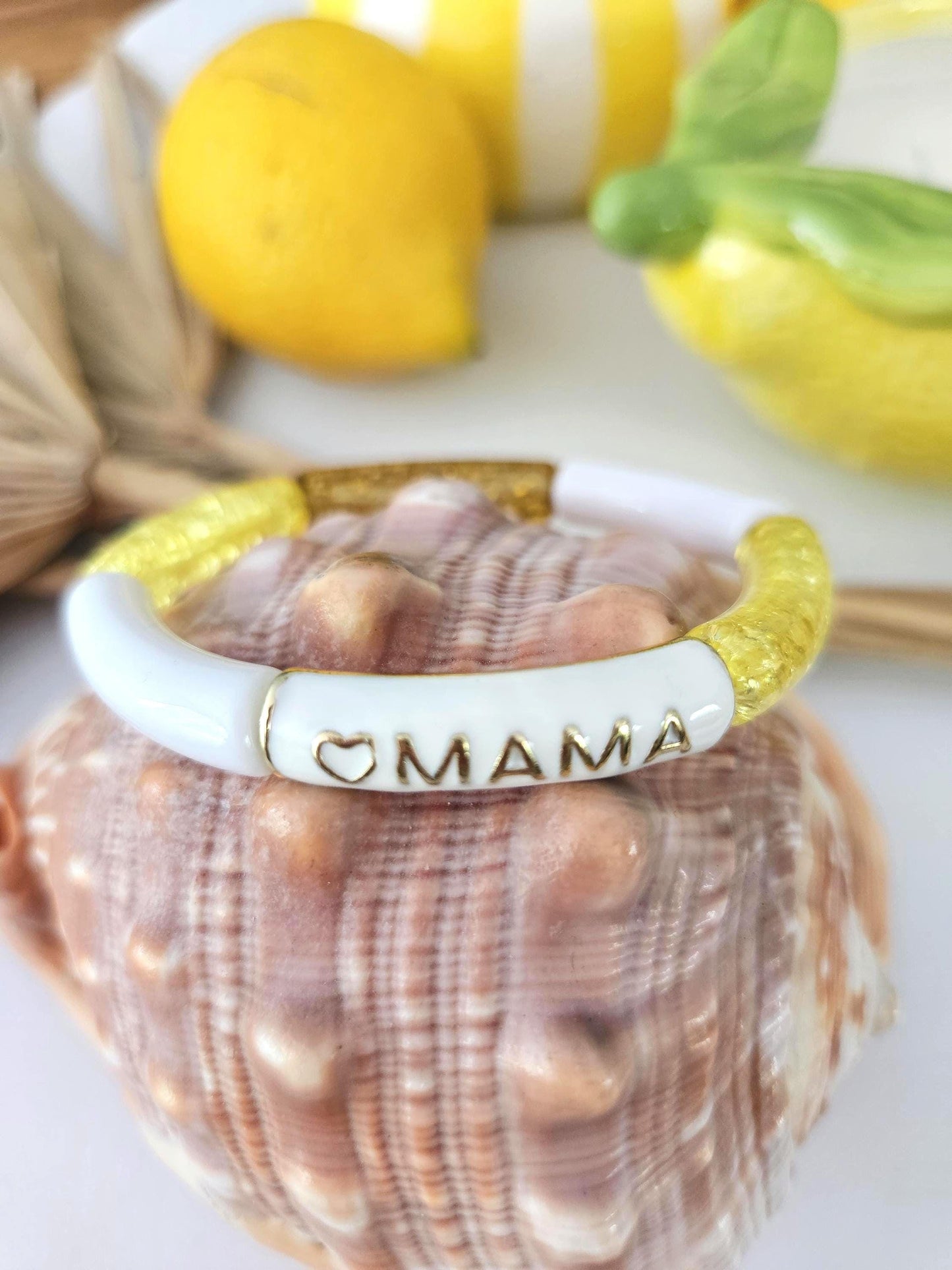 ANNA MAMA | Jonc acrylique perles tubes incurvées blanc crème jaune