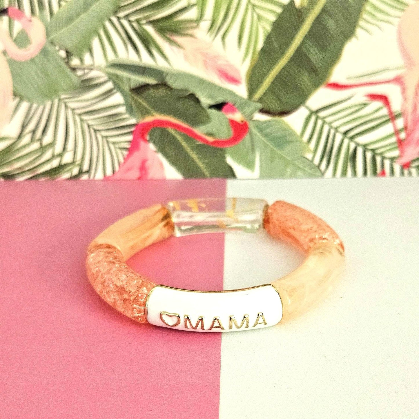 ANNA MAMA | Jonc acrylique perles tubes incurvées Rose blanc et orange