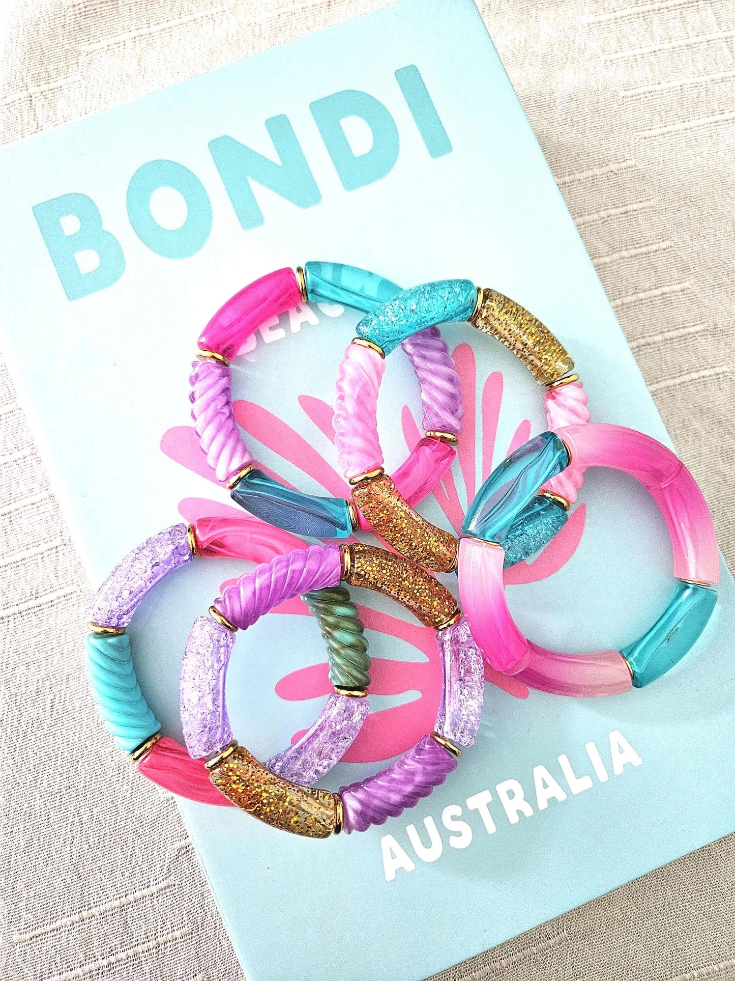 ANNA | Jonc acrylique perles tubes incurvées | MAXI Glow rose turquoise violet