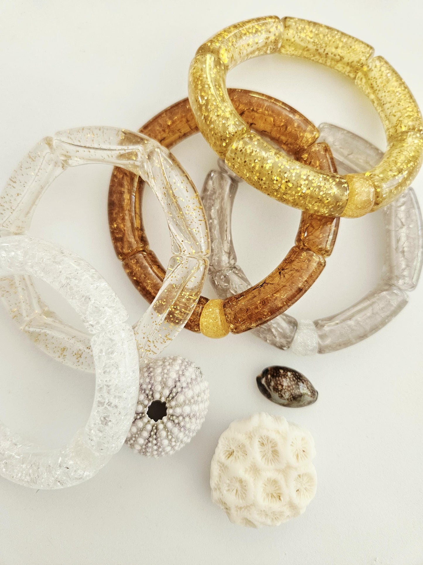 JAJA | Bracelet jonc tube perles incurvées | Glow blanc doré marron