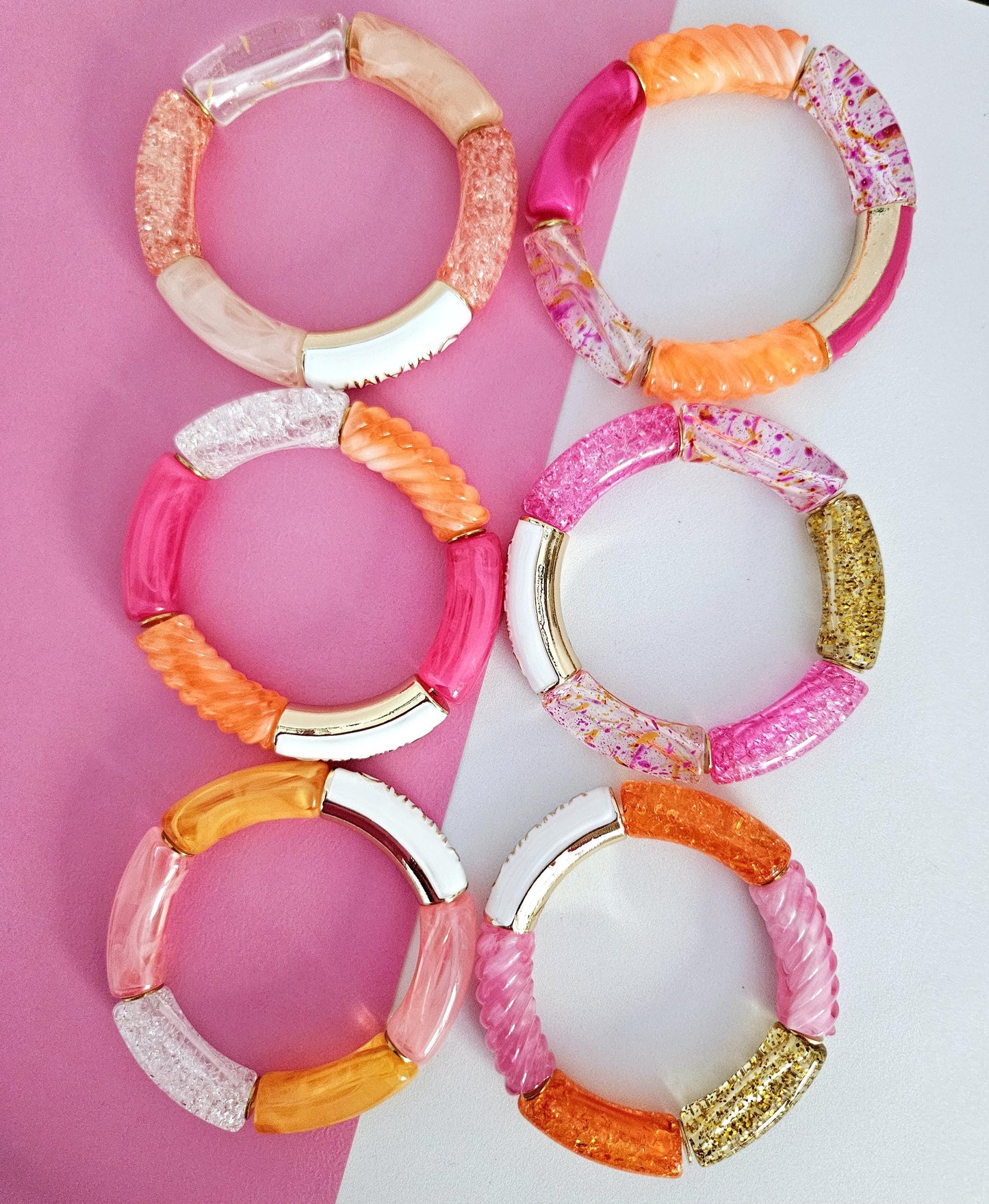 ANNA MAMA | Jonc acrylique perles tubes incurvées Rose blanc et orange