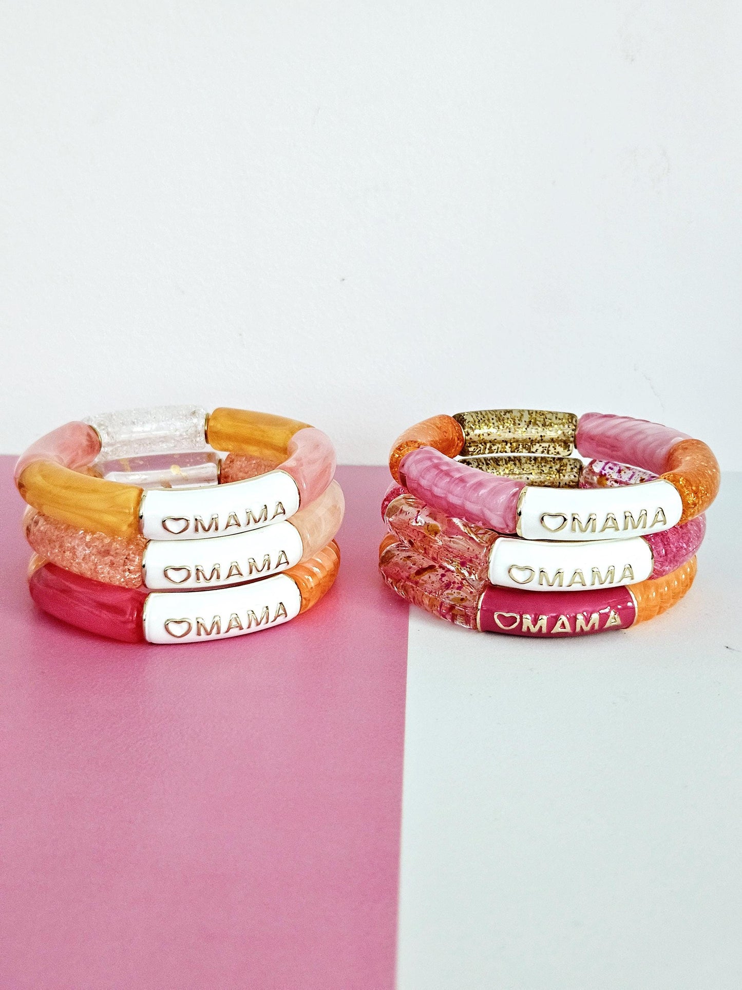 ANNA MAMA | Jonc acrylique perles tubes incurvées Rose blanc et orange