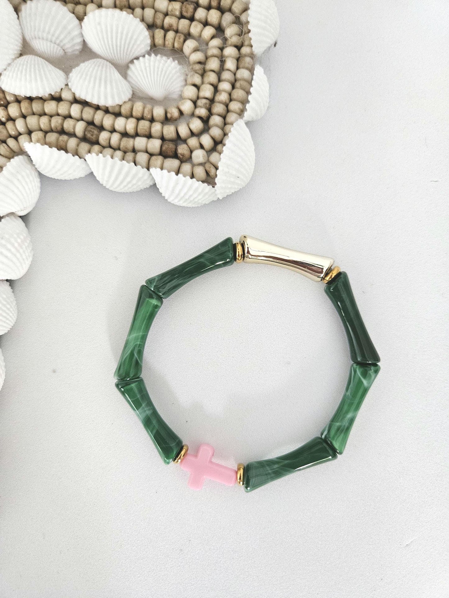 ALMA croix | Bracelet jonc perles tubes octogonales acrylique et laiton | Multicolore