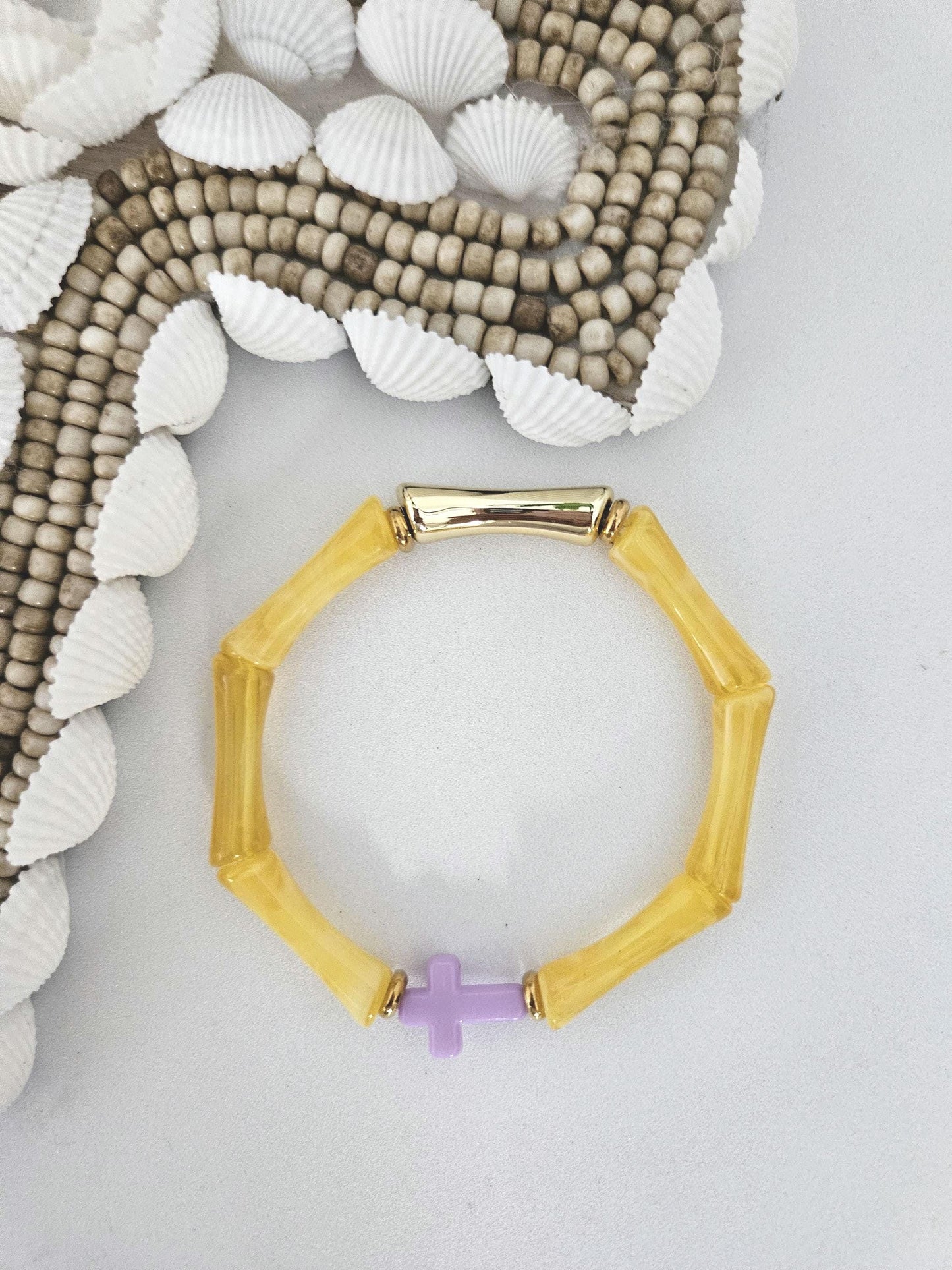 ALMA croix | Bracelet jonc perles tubes octogonales acrylique et laiton | Multicolore