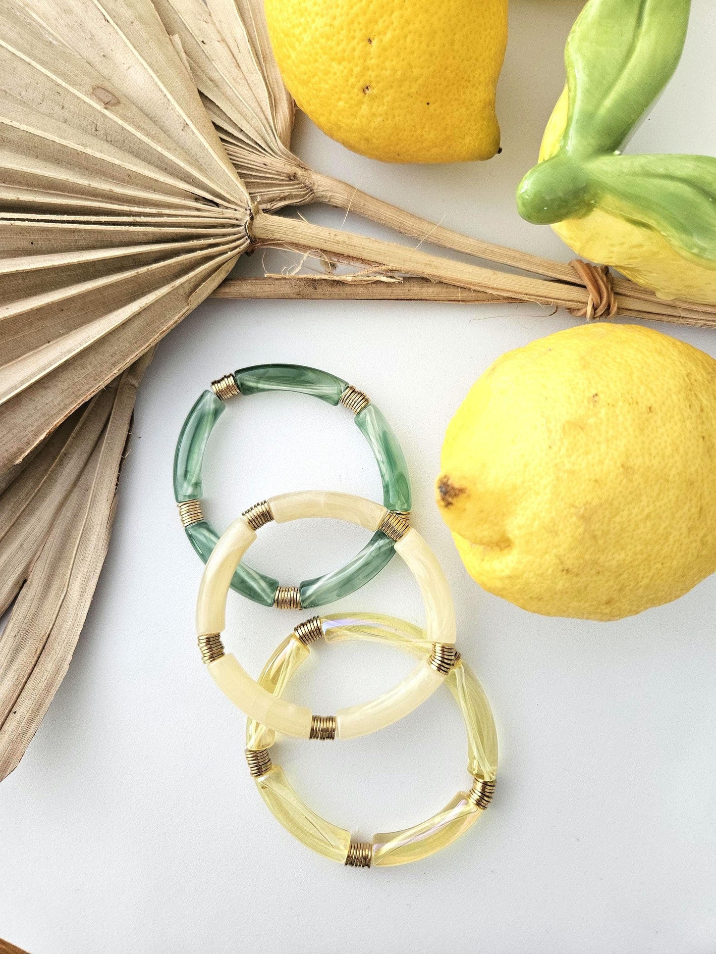 IRMA | Jonc acrylique perles tubes incurvées & acier citron