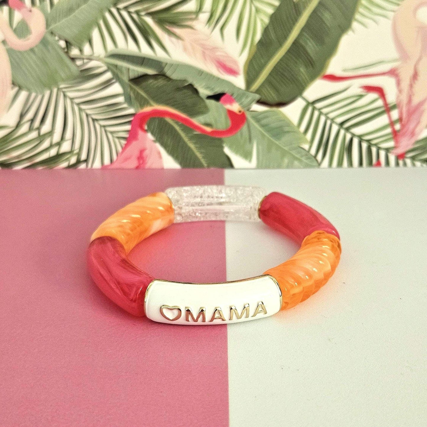 ANNA MAMA | Jonc acrylique perles tubes incurvées Rose blanc et orange