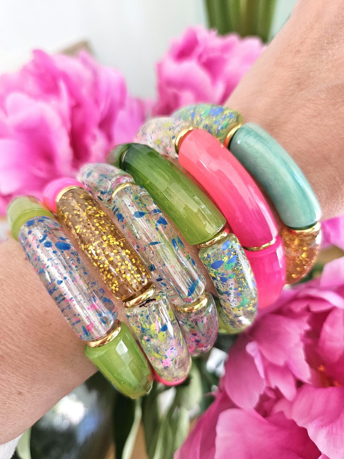 ANNA | Bracelet jonc perles incurvées | Maxi Vert Rose moucheté