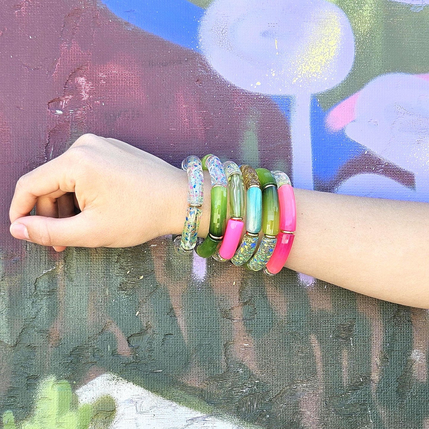 ANNA | Bracelet jonc perles incurvées | Maxi Vert Rose moucheté