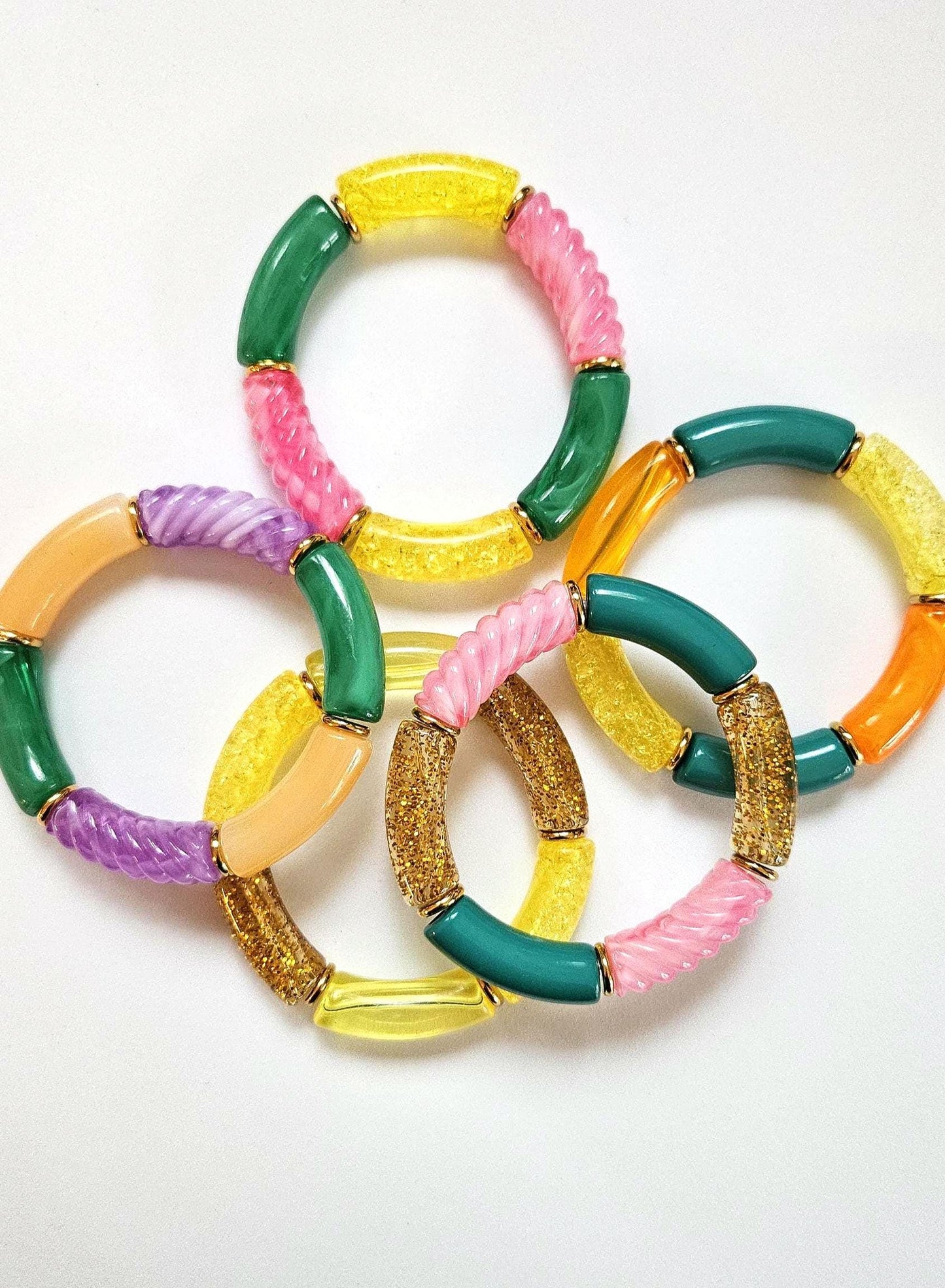 ANNA | Jonc acrylique perles tubes incurvées | MAXI jaune orange rose