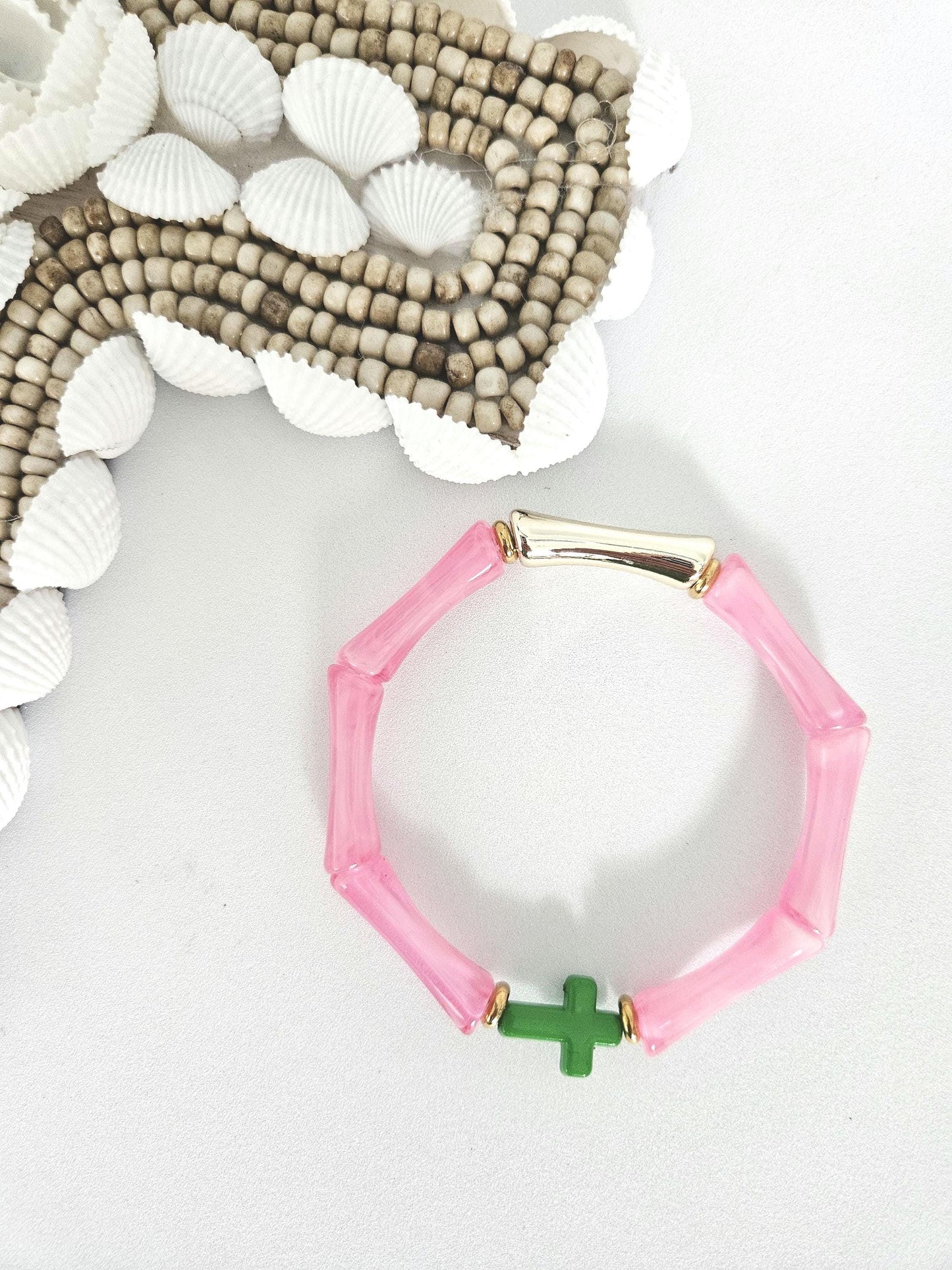ALMA croix | Bracelet jonc perles tubes octogonales acrylique et laiton | Multicolore