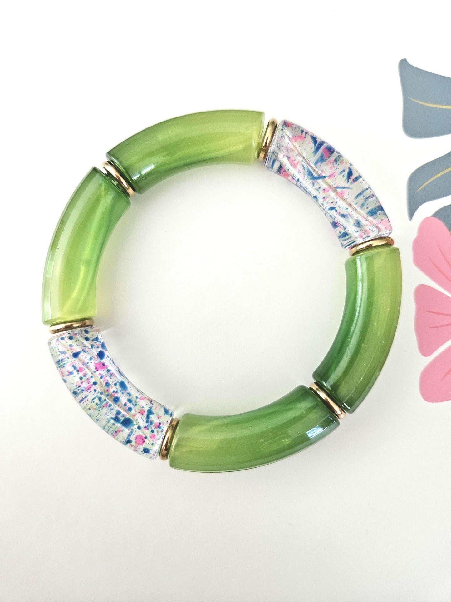 ANNA | Bracelet jonc perles incurvées | Maxi Vert Rose moucheté