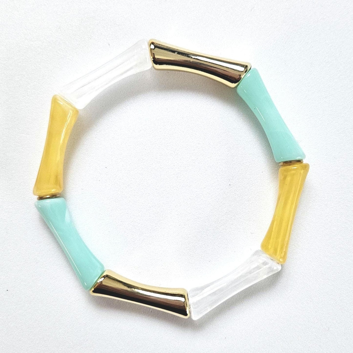 ALMA | Bracelet jonc perles tubes octogonales acrylique et acier | Bleu jaune orange