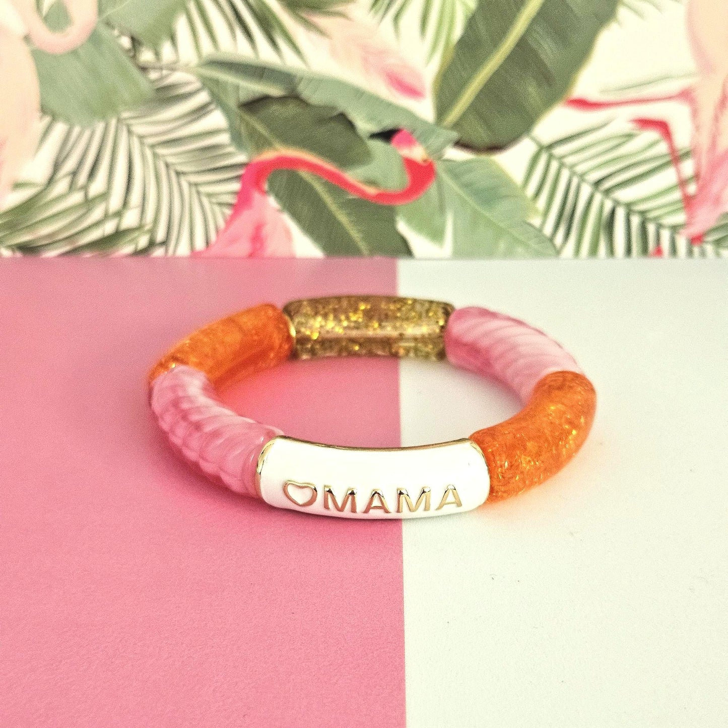 ANNA MAMA | Jonc acrylique perles tubes incurvées Rose blanc et orange