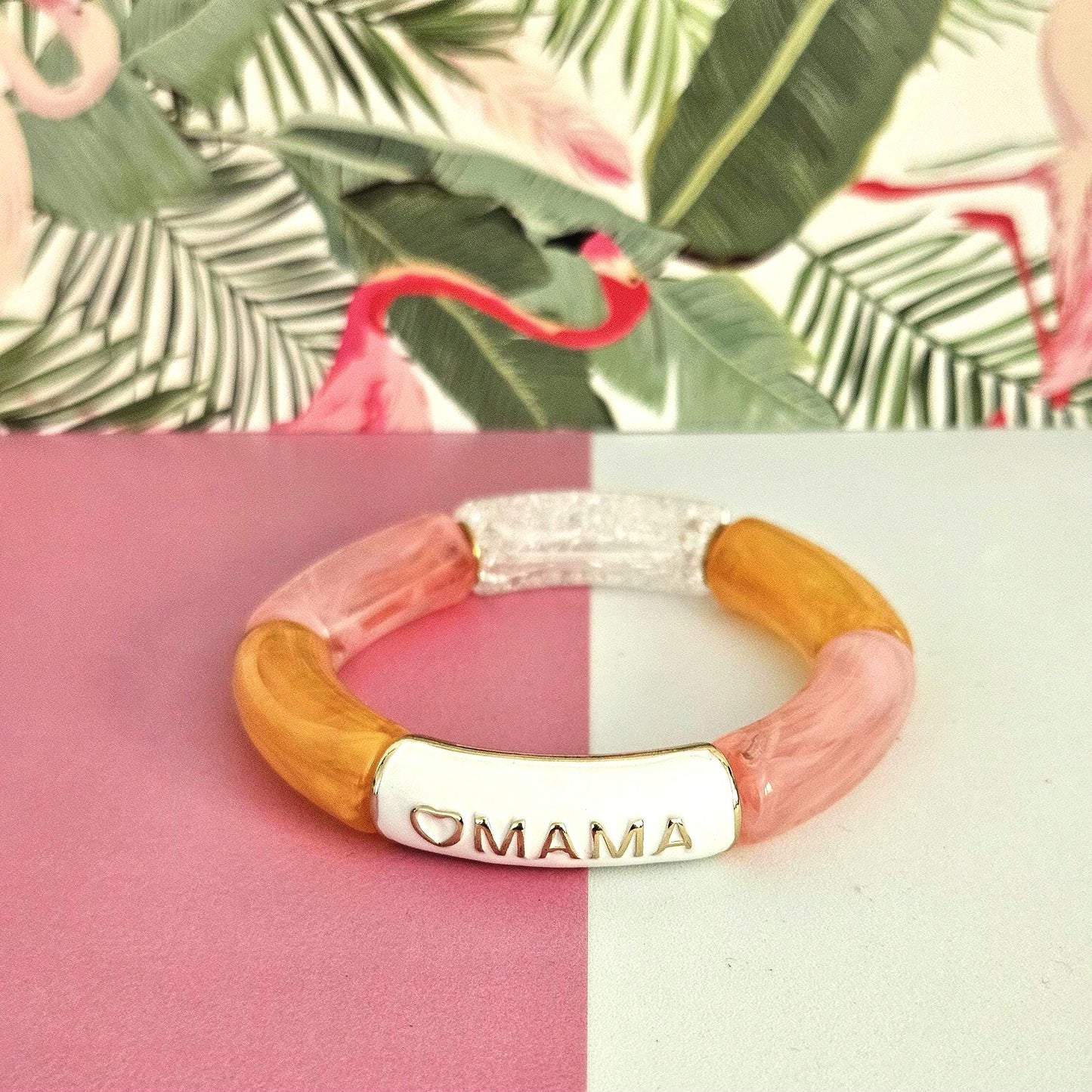 ANNA MAMA | Jonc acrylique perles tubes incurvées Rose blanc et orange