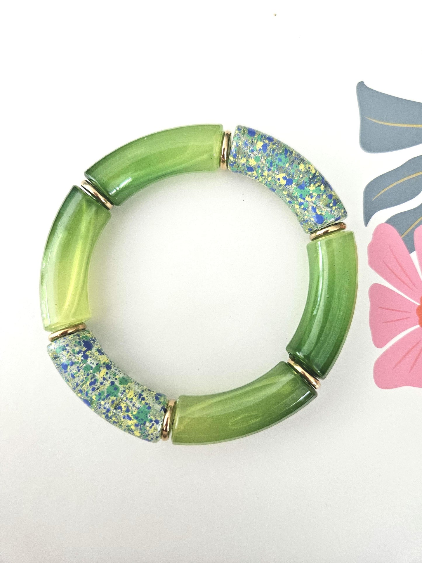 ANNA | Bracelet jonc perles incurvées | Maxi Vert Rose moucheté