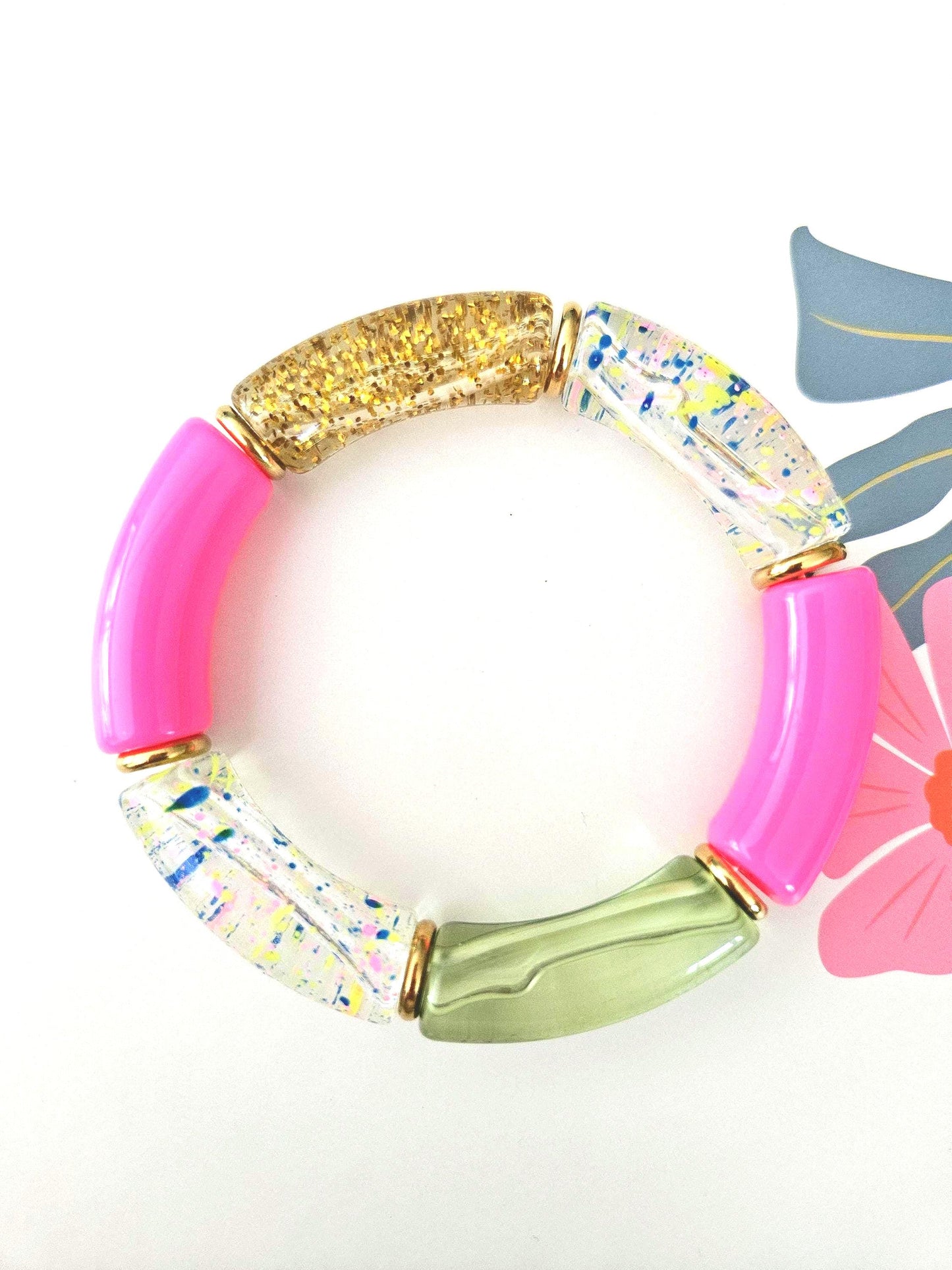 ANNA | Bracelet jonc perles incurvées | Maxi Vert Rose moucheté