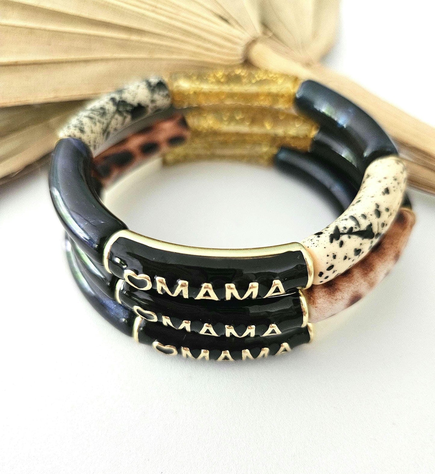 ANNA MAMA | Jonc acrylique perles tubes incurvées blanc Noir