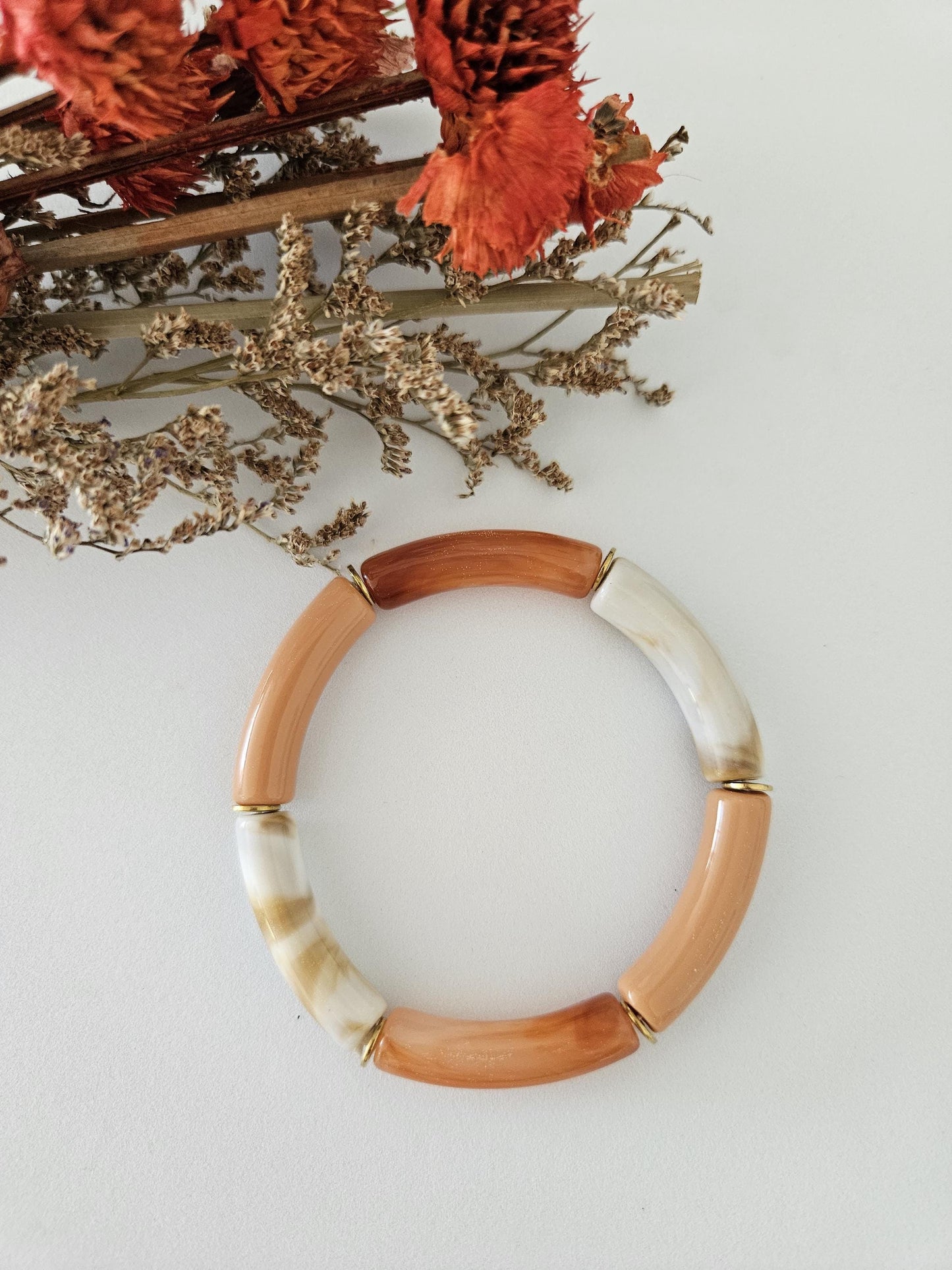 ANNA | Bracelet jonc perles incurvées et acier | Terracotta