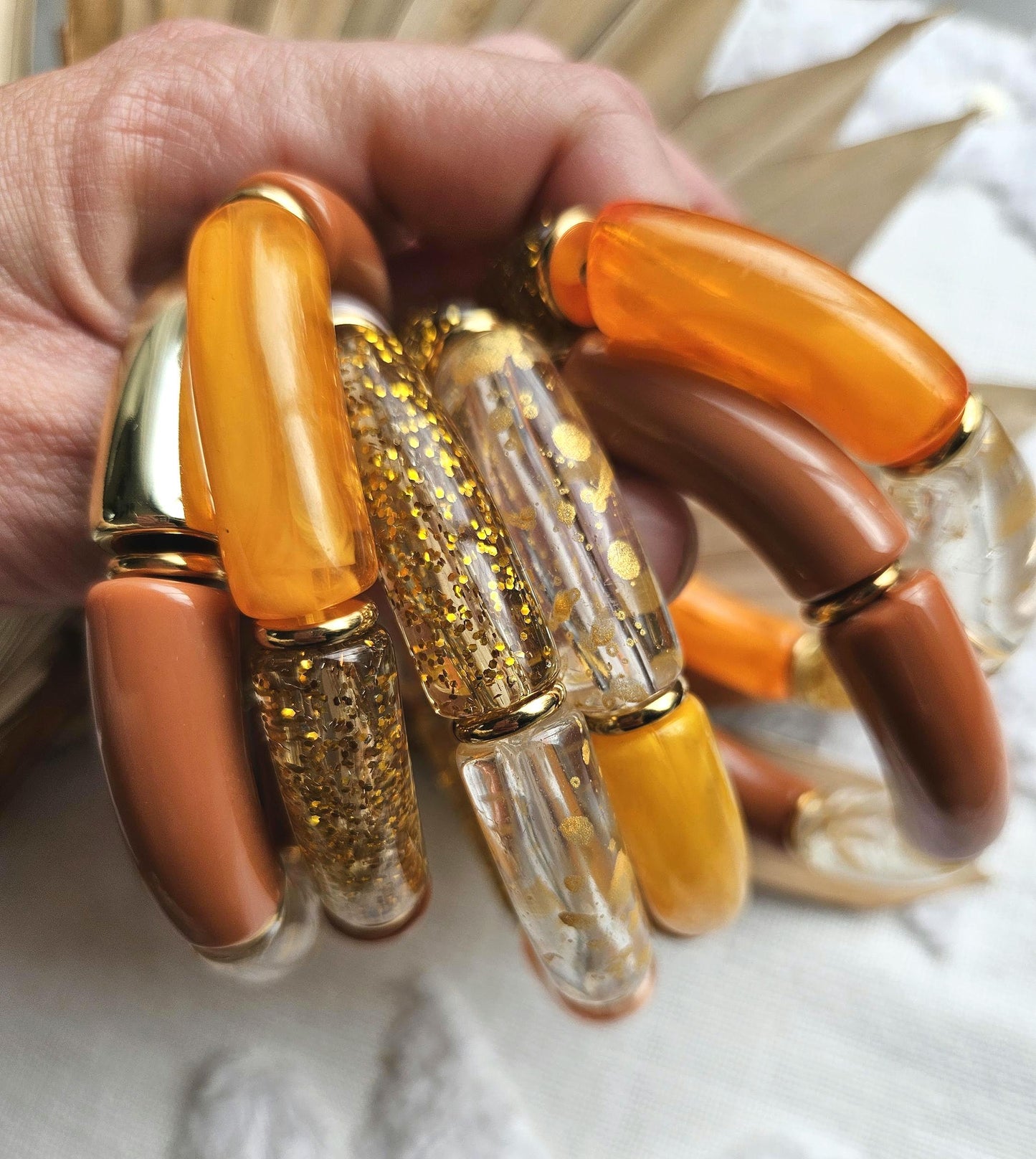 ANNA | Jonc acrylique perles tubes incurvées | Maxi Glow Caramel et orange