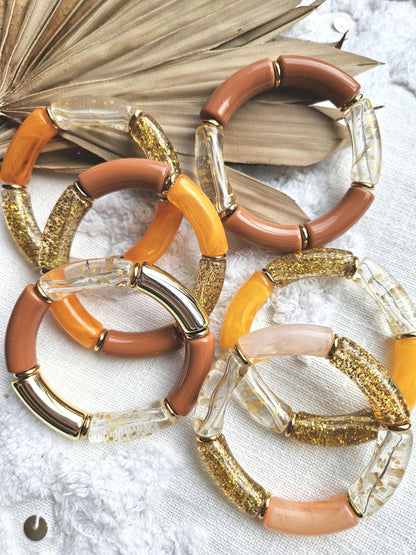 ANNA | Jonc acrylique perles tubes incurvées | Maxi Glow Caramel et orange