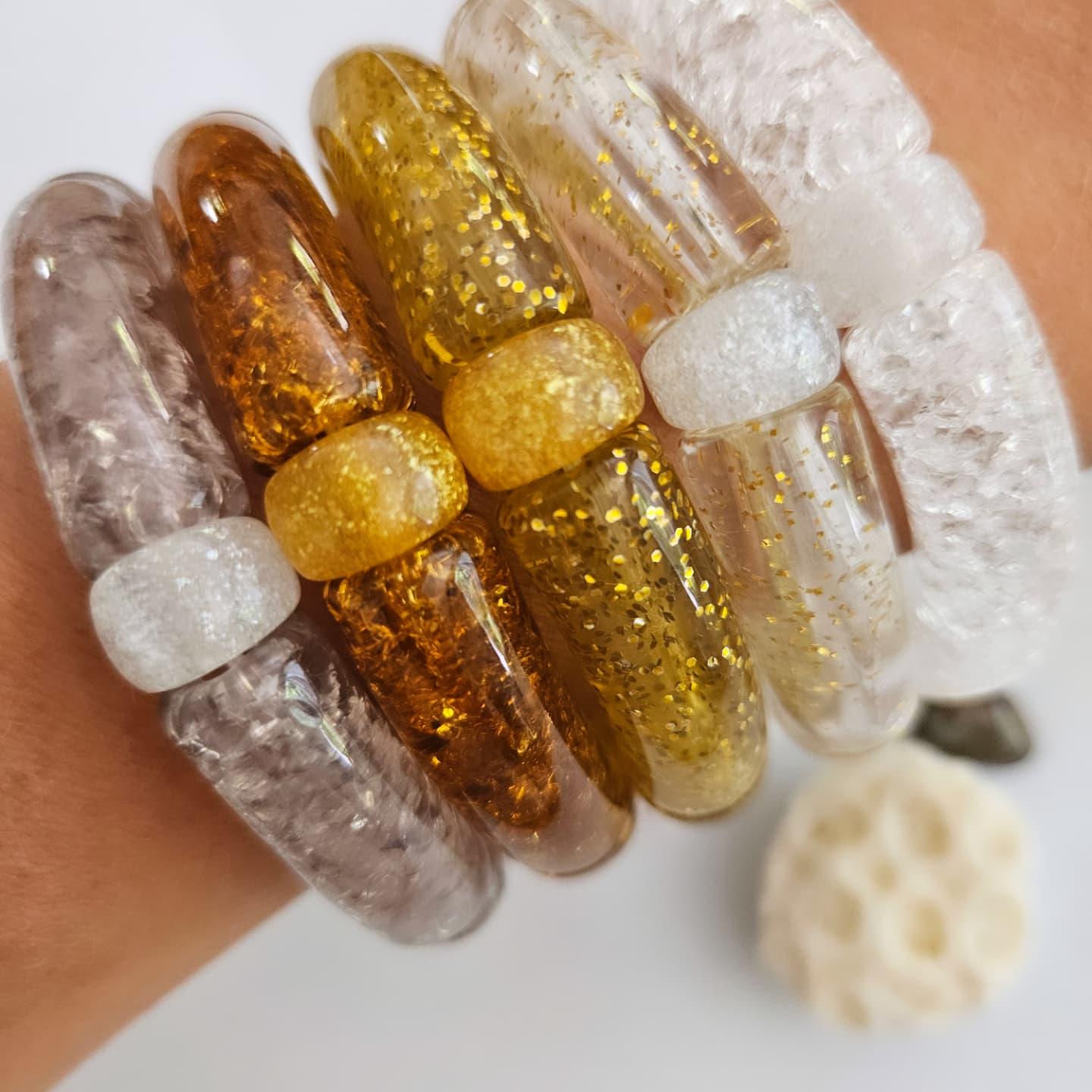JAJA | Bracelet jonc tube perles incurvées | Glow blanc doré marron