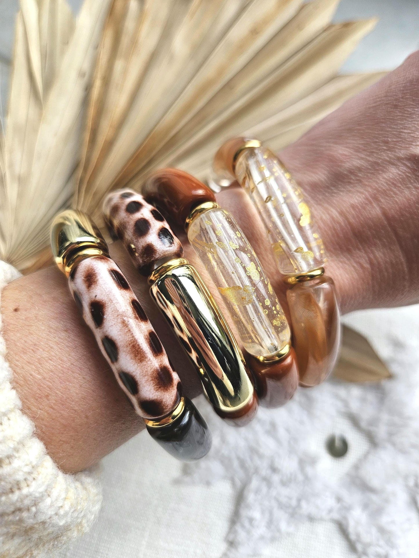 ANNA | Jonc acrylique perles tubes incurvées | Maxi Caramel Leopard