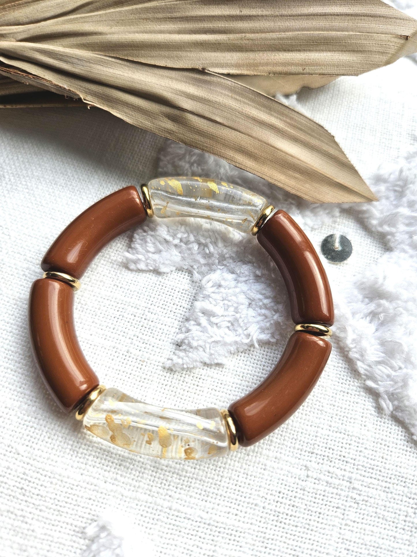 ANNA | Jonc acrylique perles tubes incurvées | Maxi Caramel Leopard