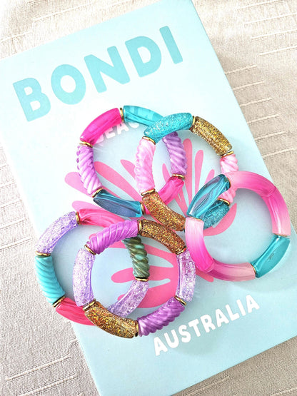 ANNA | Jonc acrylique perles tubes incurvées | MAXI Glow rose turquoise violet