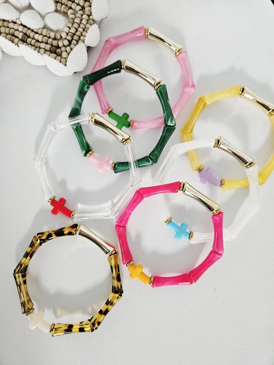 ALMA croix | Bracelet jonc perles tubes octogonales acrylique et laiton | Multicolore