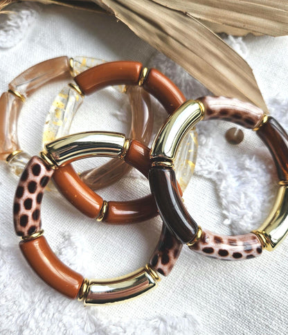 ANNA | Jonc acrylique perles tubes incurvées | Maxi Caramel Leopard