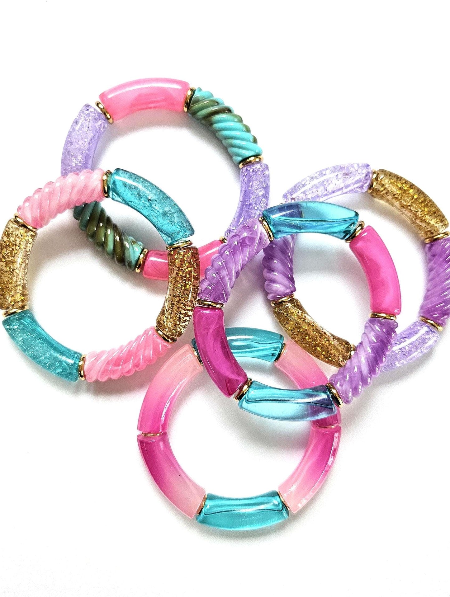 ANNA | Jonc acrylique perles tubes incurvées | MAXI Glow rose turquoise violet