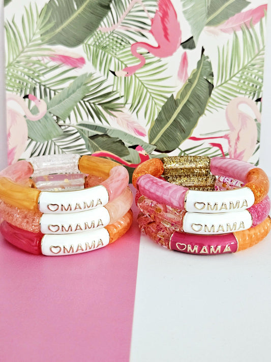 ANNA MAMA | Jonc acrylique perles tubes incurvées Rose blanc et orange