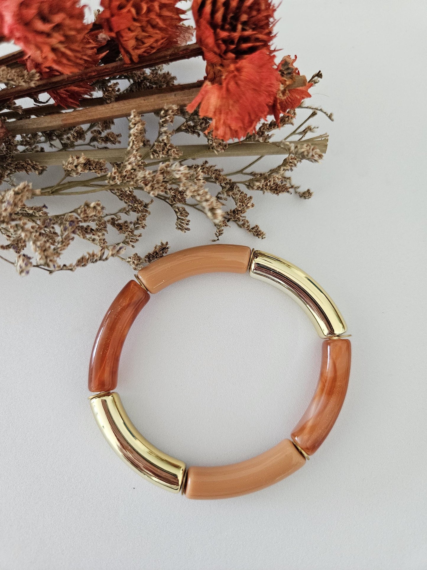 ANNA | Bracelet jonc perles incurvées et acier | Terracotta