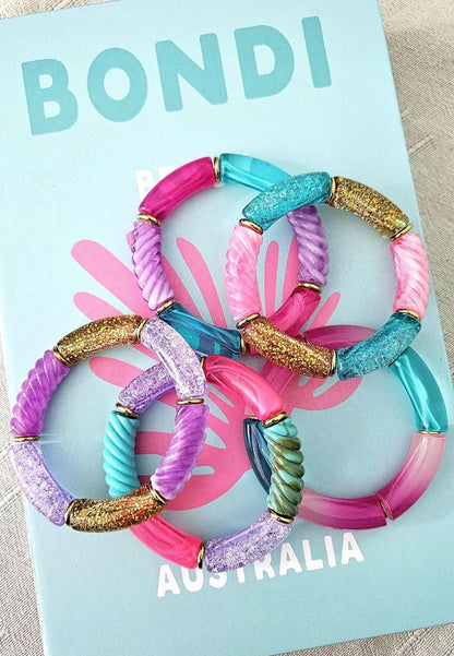 ANNA | Jonc acrylique perles tubes incurvées | MAXI Glow rose turquoise violet