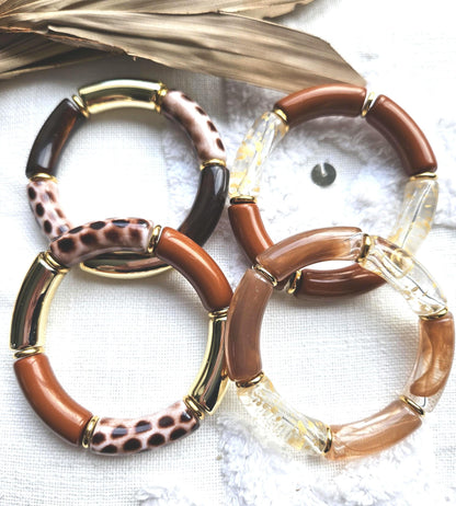 ANNA | Jonc acrylique perles tubes incurvées | Maxi Caramel Leopard