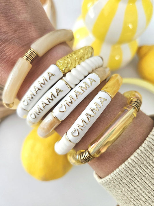 ANNA MAMA | Jonc acrylique perles tubes incurvées blanc crème jaune