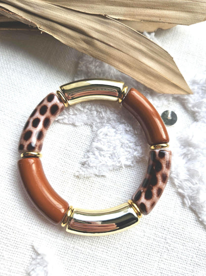 ANNA | Jonc acrylique perles tubes incurvées | Maxi Caramel Leopard