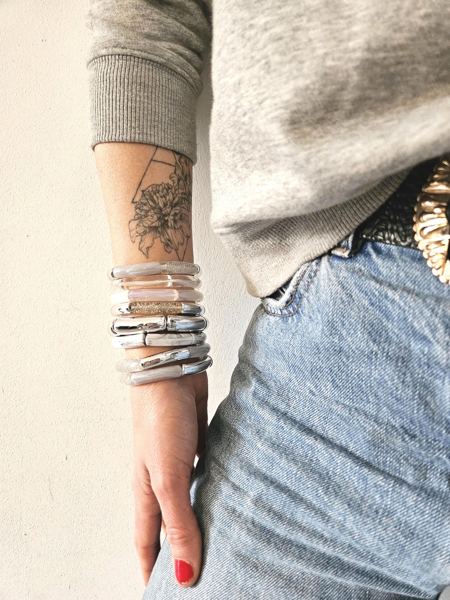 ANNA | Bracelet jonc perles incurvées | Glow argent