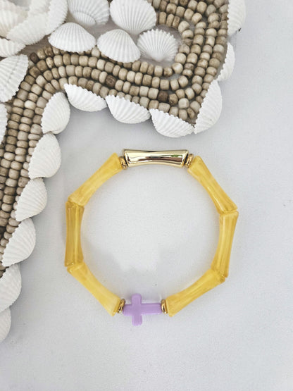ALMA croix | Bracelet jonc perles tubes octogonales acrylique et laiton | Multicolore