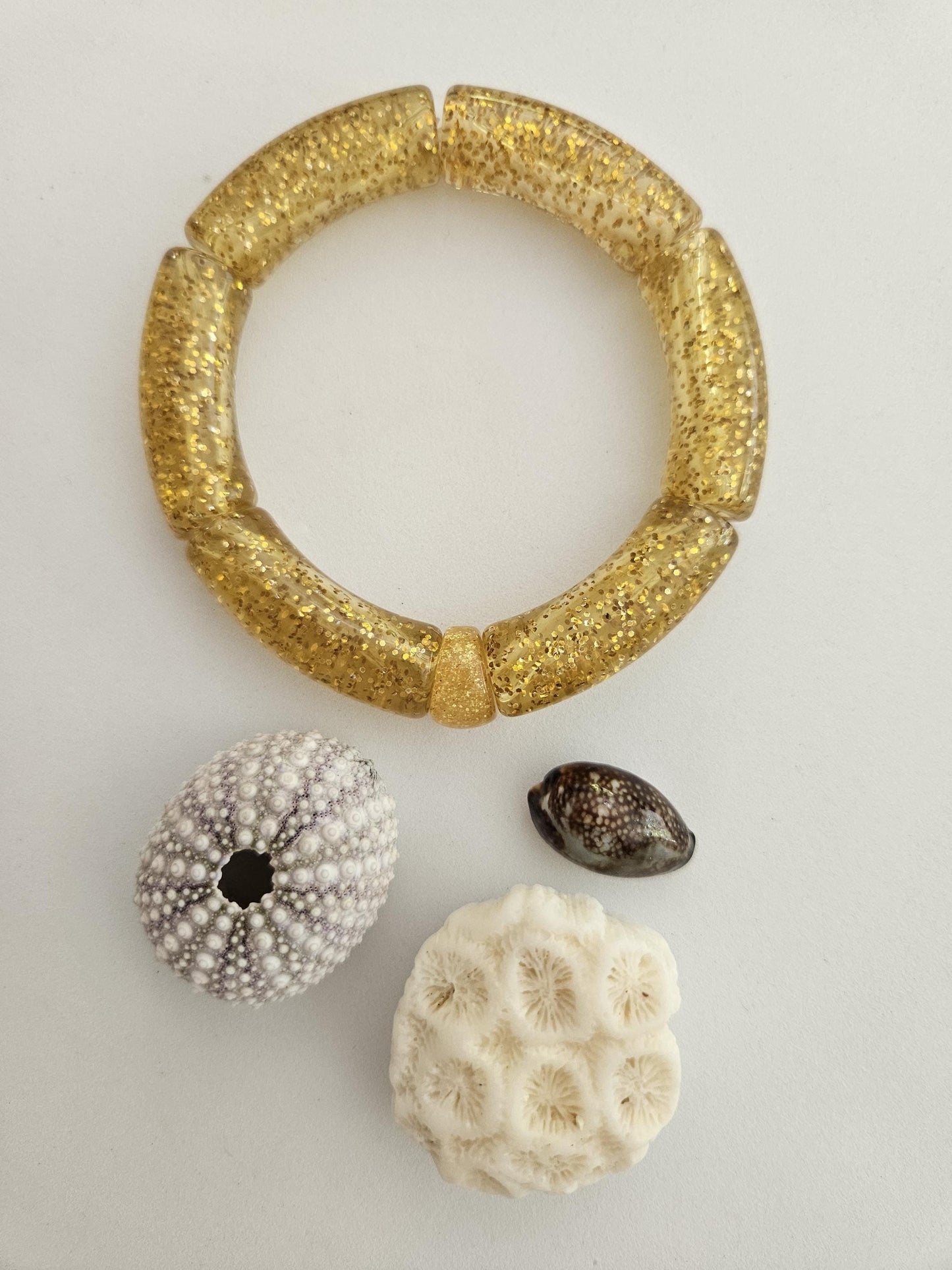JAJA | Bracelet jonc tube perles incurvées | Glow blanc doré marron