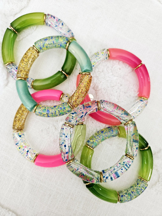ANNA | Bracelet jonc perles incurvées | Maxi Vert Rose moucheté