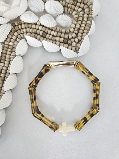 ALMA croix | Bracelet jonc perles tubes octogonales acrylique et laiton | Multicolore