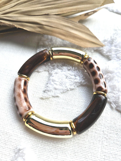 ANNA | Jonc acrylique perles tubes incurvées | Maxi Caramel Leopard